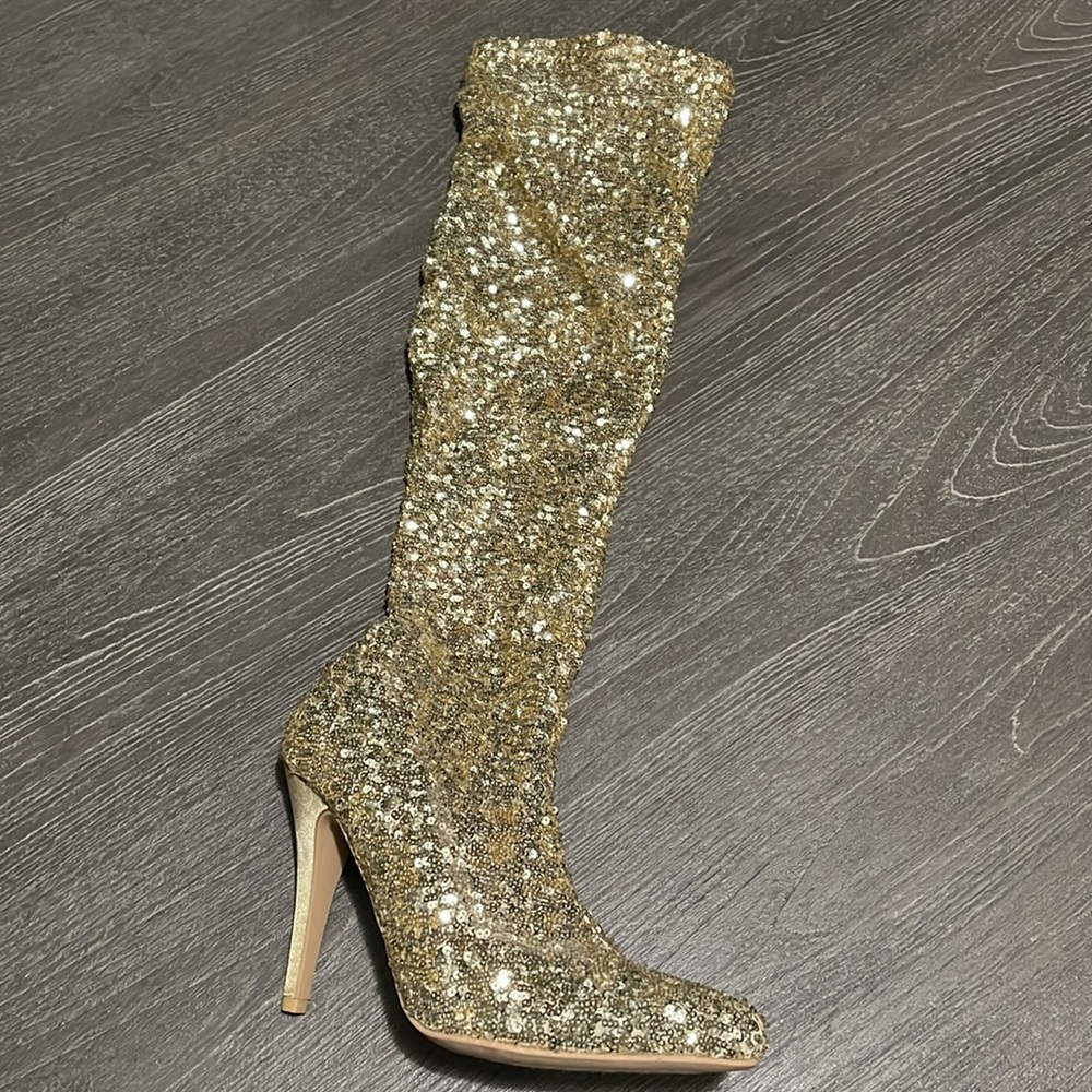 Boston Proper Gold Sequence Over the Knee High Heel Boots Size 8